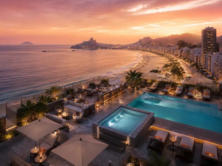 A hotel rooftop pool terrace at dusk above the Copacabana shoreline